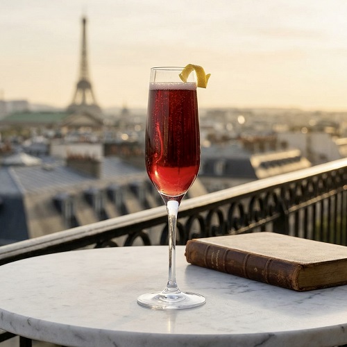 Kir Royale cocktail in a champagne flute.